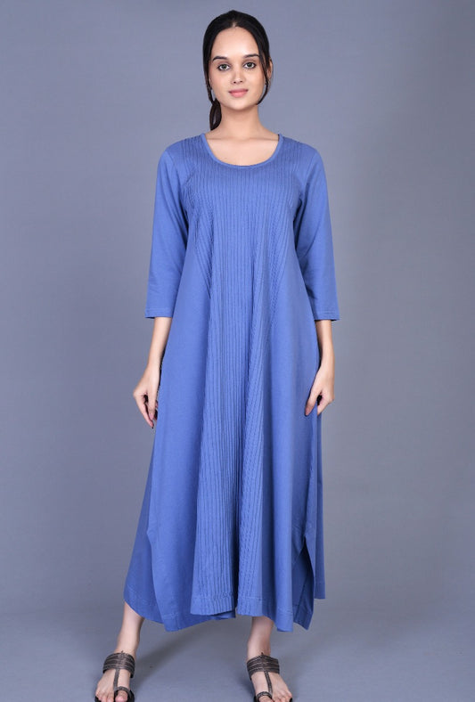 Blue Knit Pintucks Choga Dress