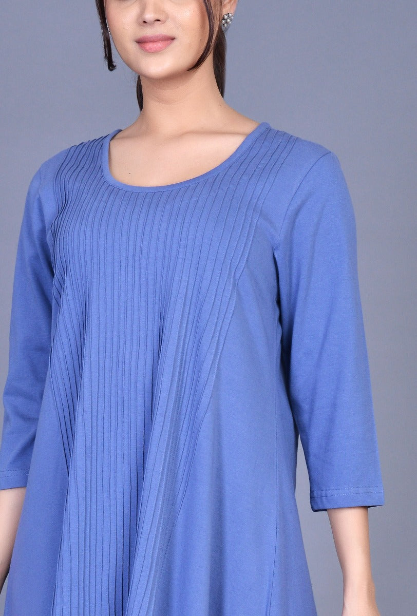 Blue Knit Pintucks Choga Dress