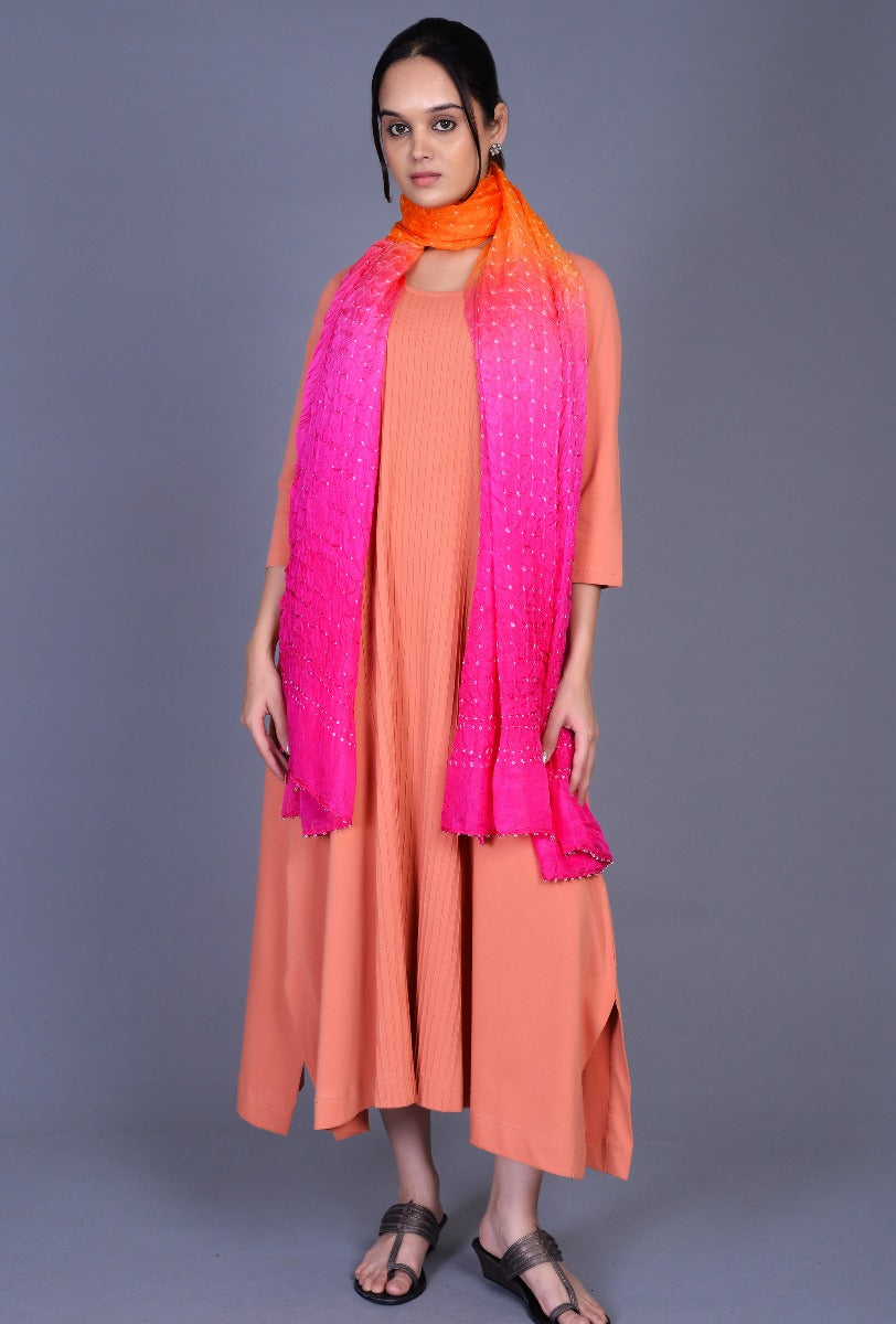 Orange Pink Silk Bandhani Dupatta