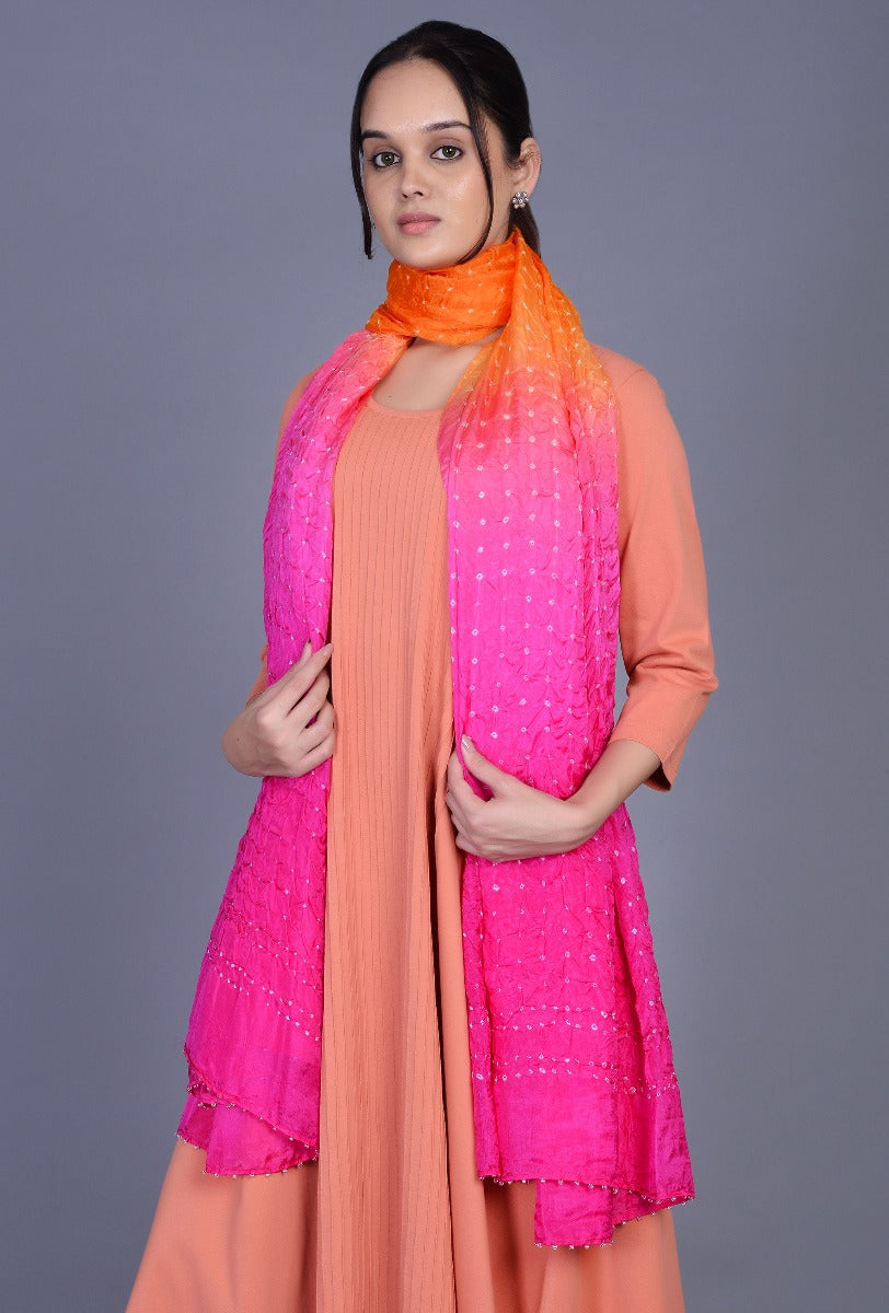 Orange Pink Silk Bandhani Dupatta