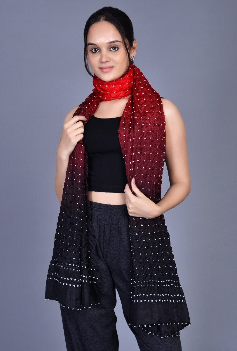 Red Black Silk Bandhani Dupatta