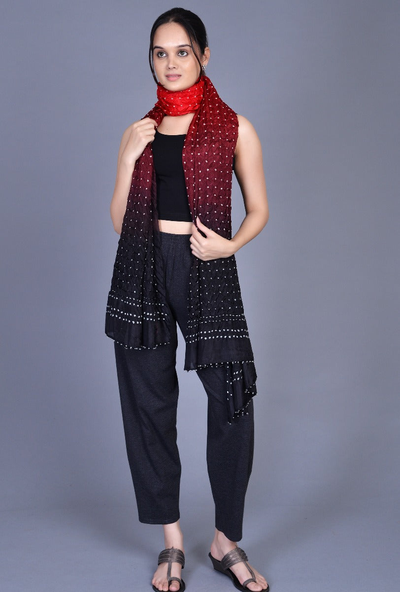 Red Black Silk Bandhani Dupatta