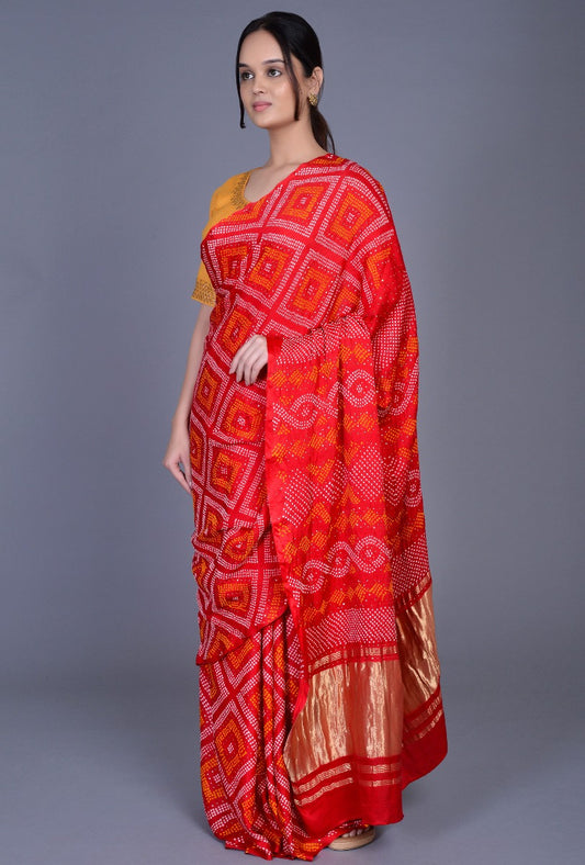 Red Gaji Silk Bandhani Saree