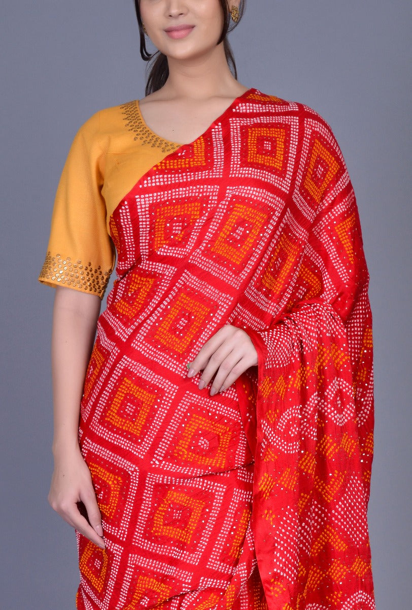 Red Gaji Silk Bandhani Saree