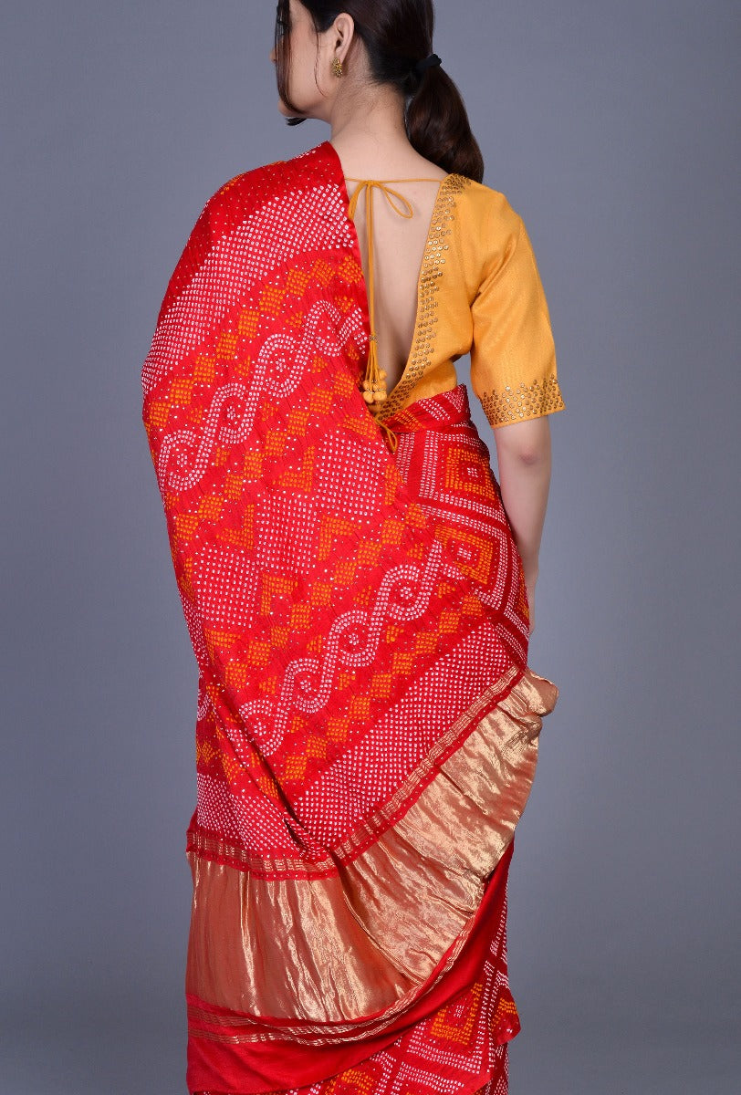 Red Gaji Silk Bandhani Saree