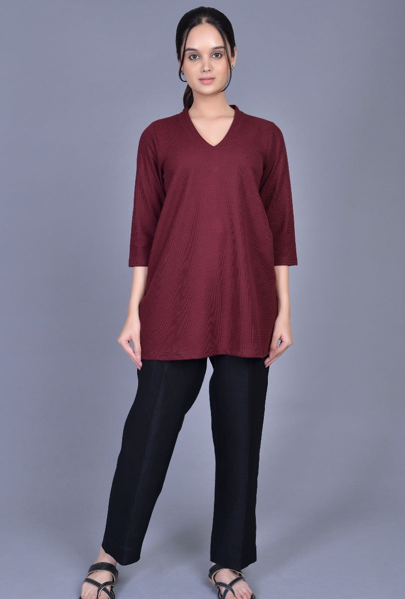 Burgundy Knit Raised Neck Kurti