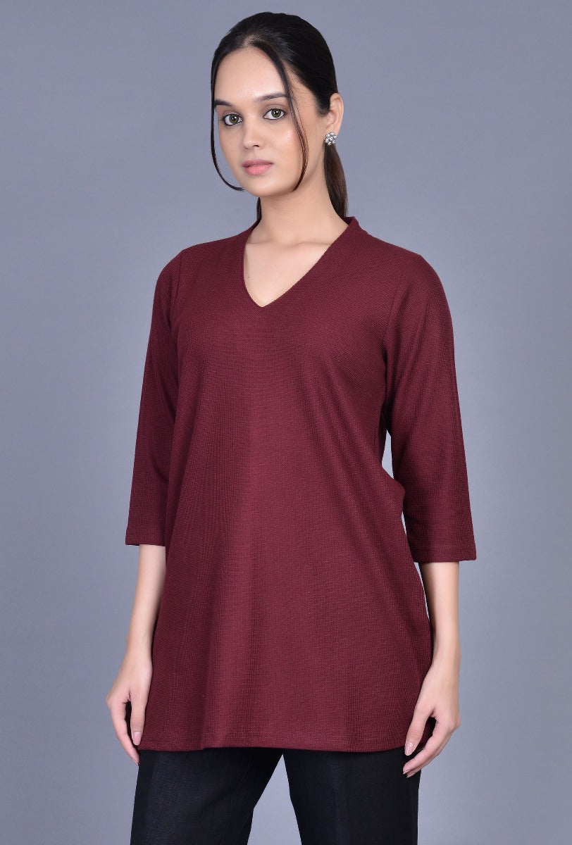 Burgundy Knit Raised Neck Kurti
