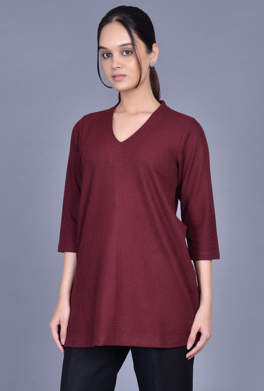 Burgundy Knit Raised Neck Kurti