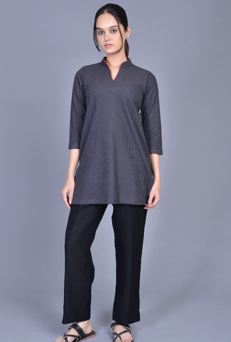 Knit Contrast Piping Stand Collar Kurti