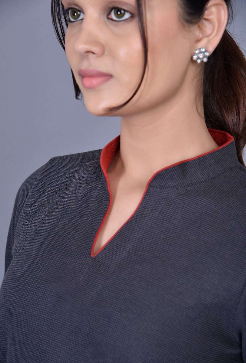 Knit Contrast Piping Stand Collar Kurti