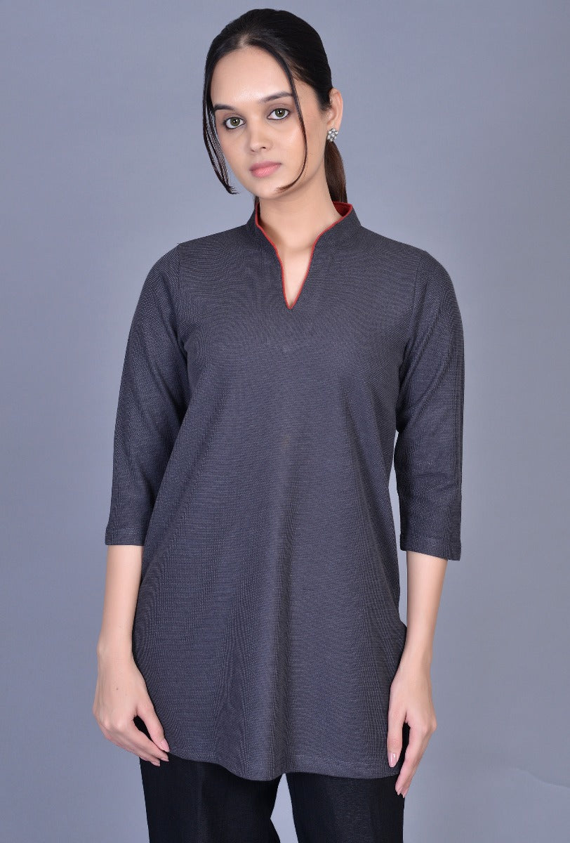 Knit Contrast Piping Stand Collar Kurti
