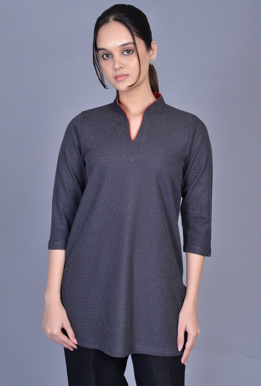 Knit Contrast Piping Stand Collar Kurti