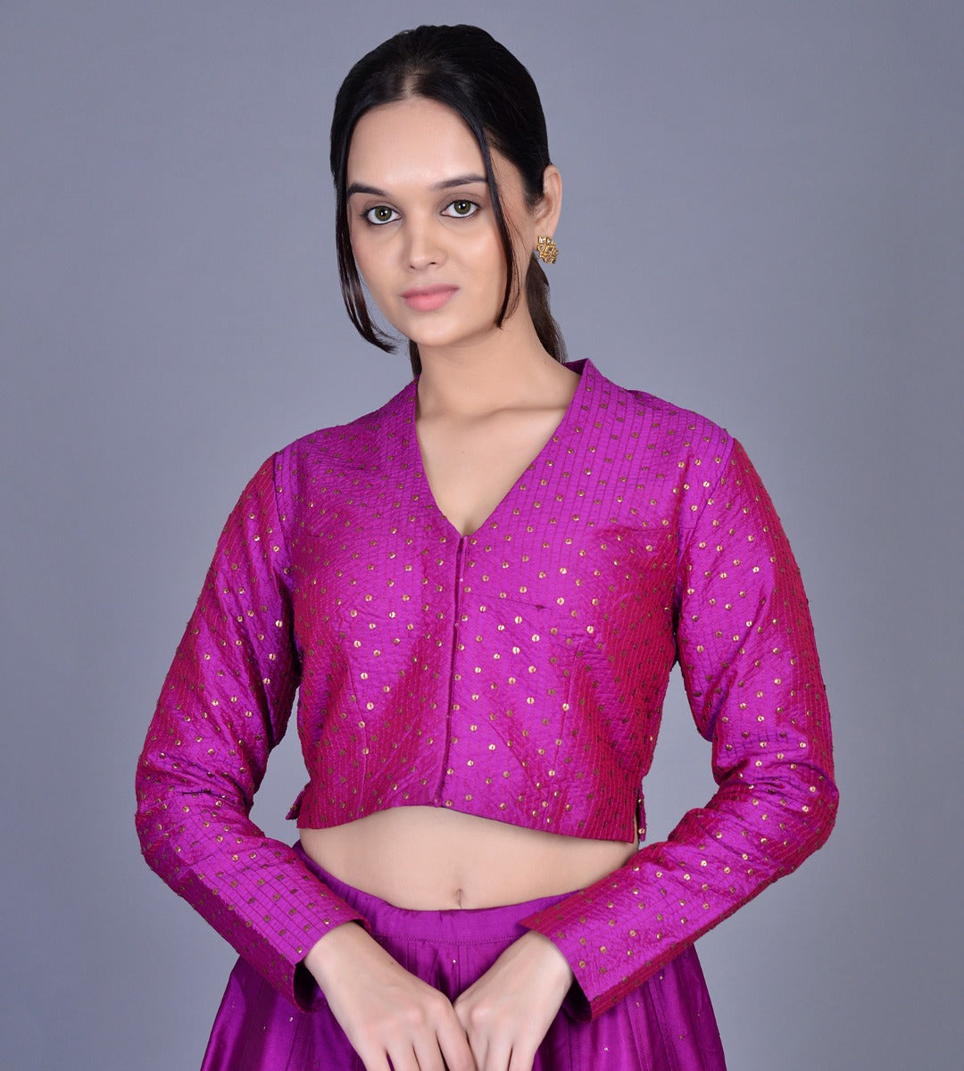 Purple V Neck Crinkle Silk Choli
