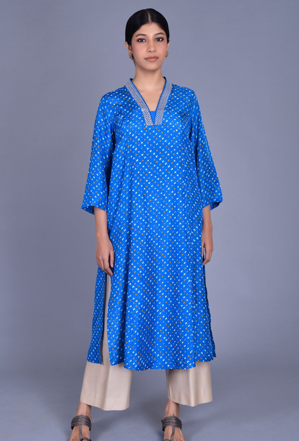 Silk Bandhani Raised Neck Kurta