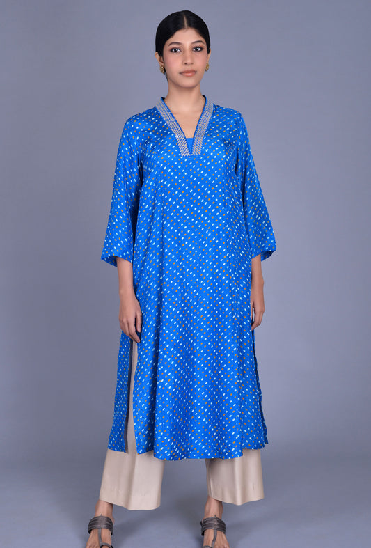 Silk Bandhani Raised Neck Kurta