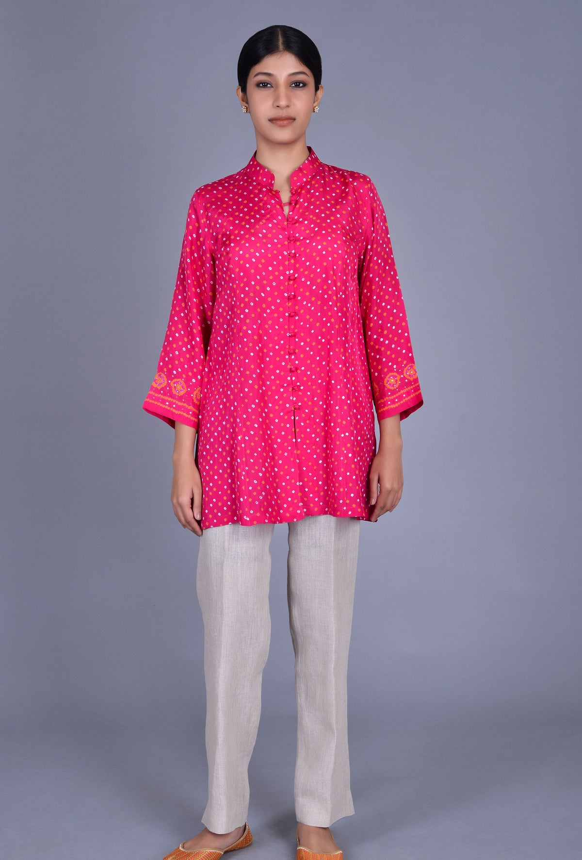 Stand Collar Silk Bandhani Kurti