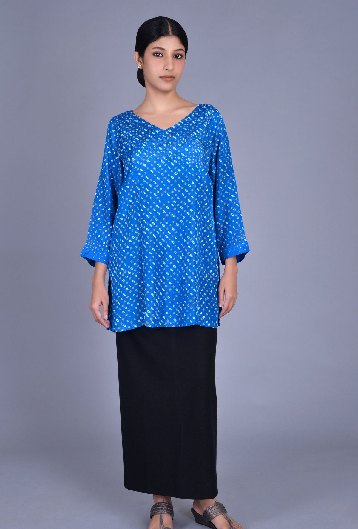 Silk Bandhani V Neck Kurti
