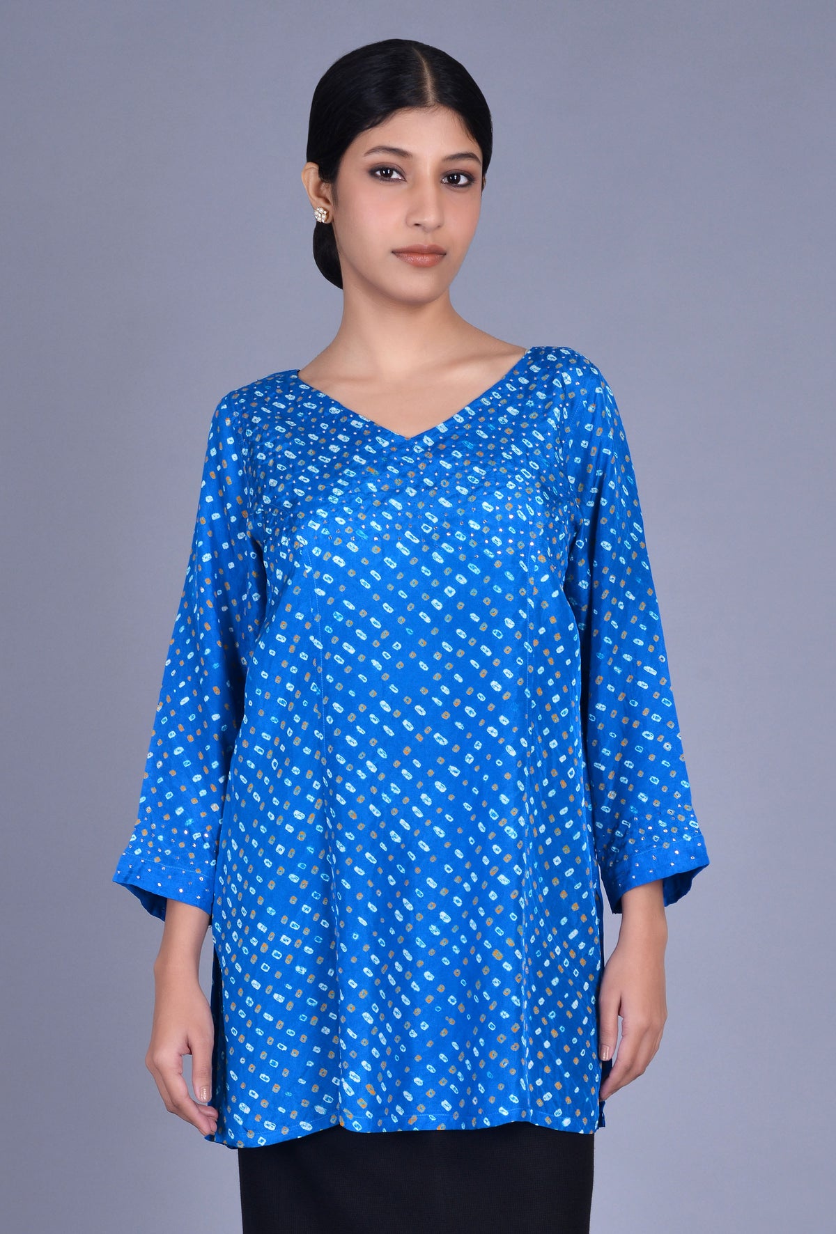 Silk Bandhani V Neck Kurti