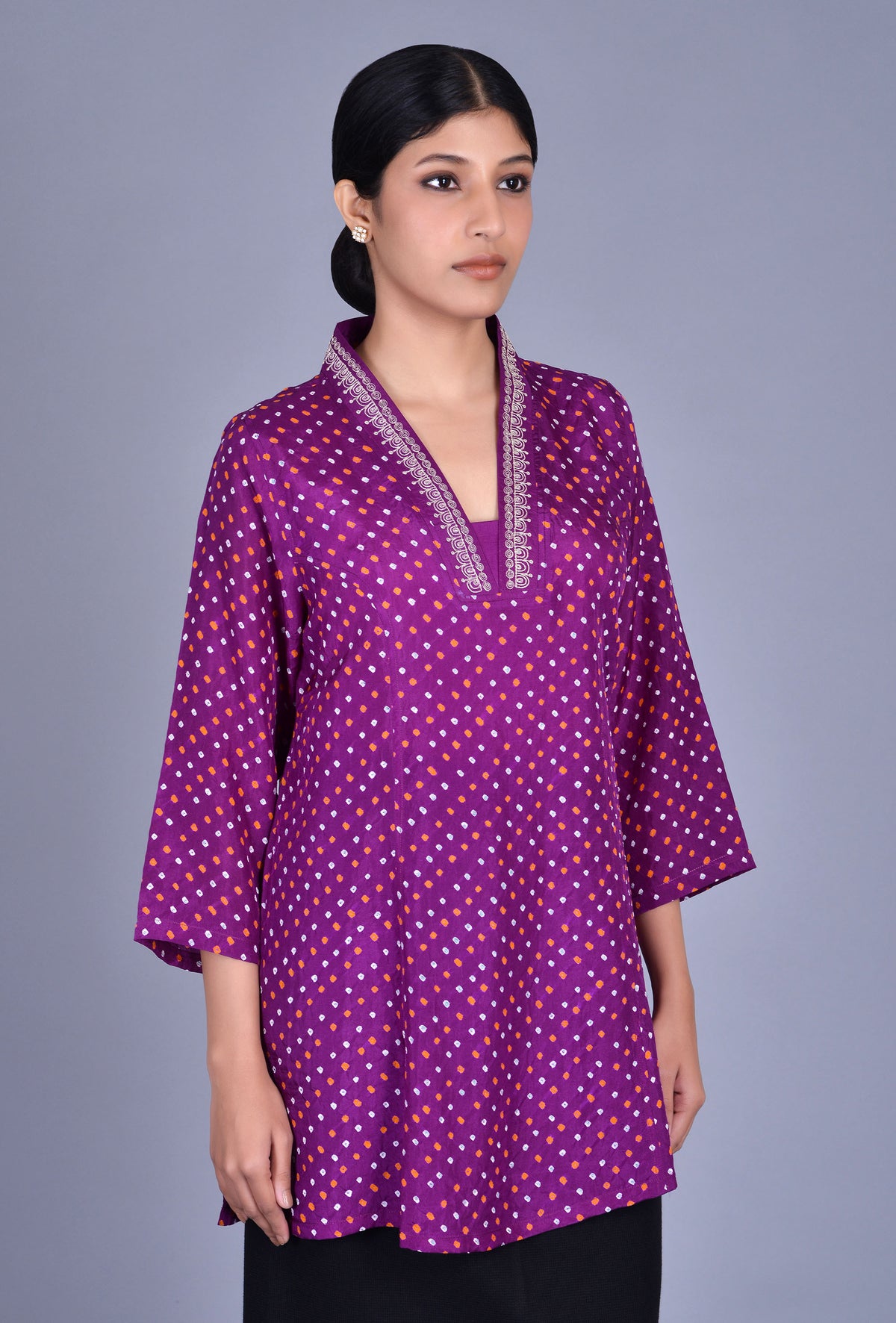 Silk Bandhani Embroidered Kurti