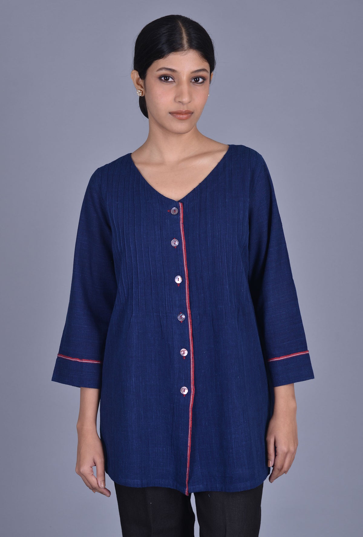 V Neck Indigo Khadi Cotton Kurti
