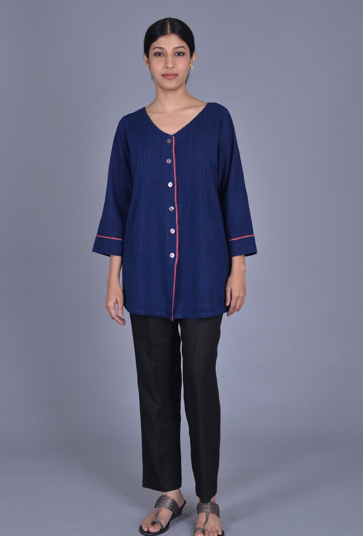 V Neck Indigo Khadi Cotton Kurti