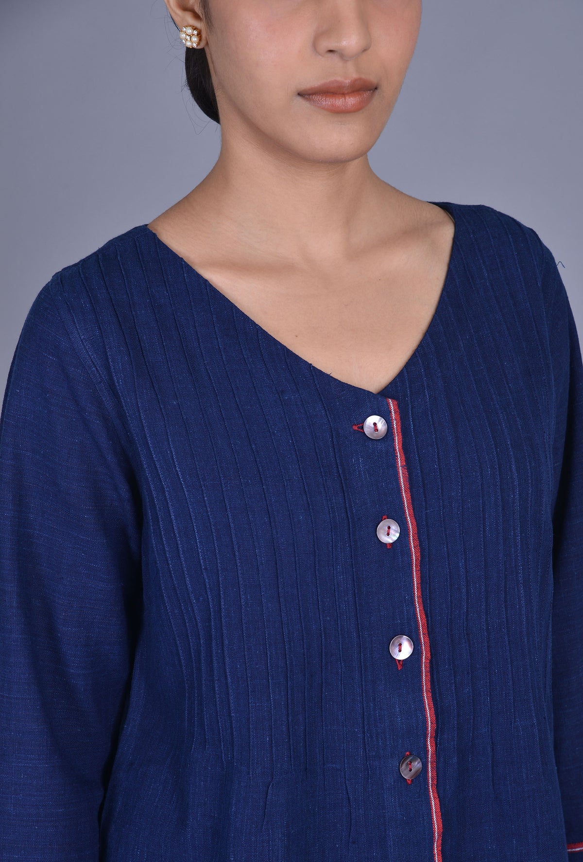 V Neck Indigo Khadi Cotton Kurti