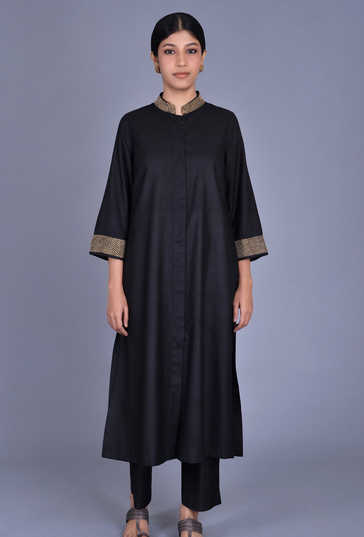 Black Silk Stand Collar Ensemble