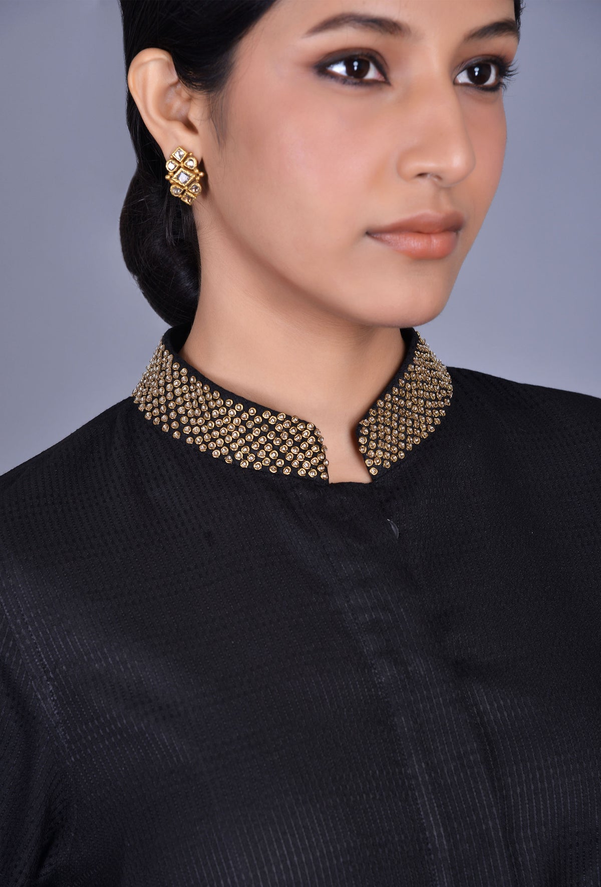 Black Silk Stand Collar Ensemble