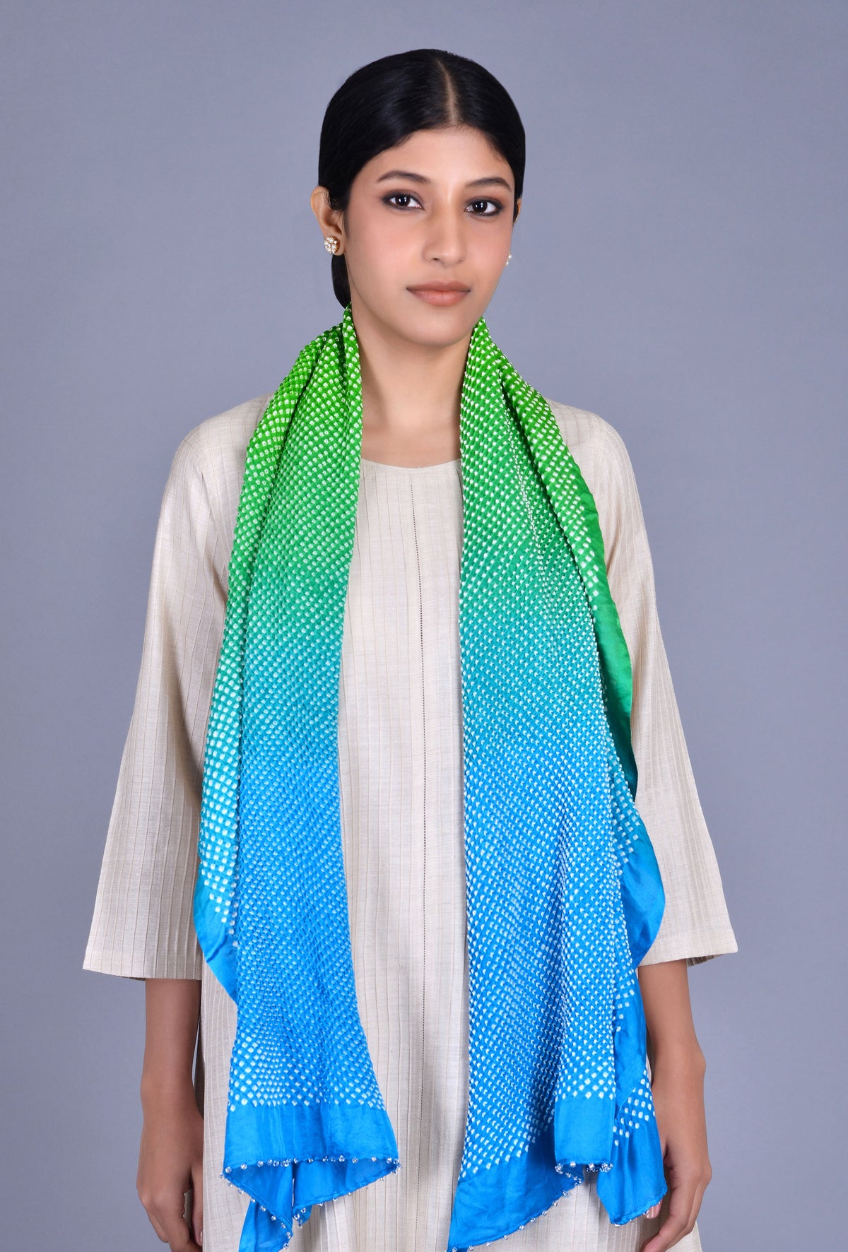 Blue, Green Ombre Gaji Silk Bandhani Stole