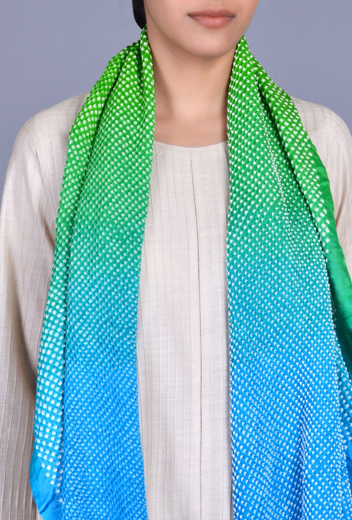 Blue, Green Ombre Gaji Silk Bandhani Stole