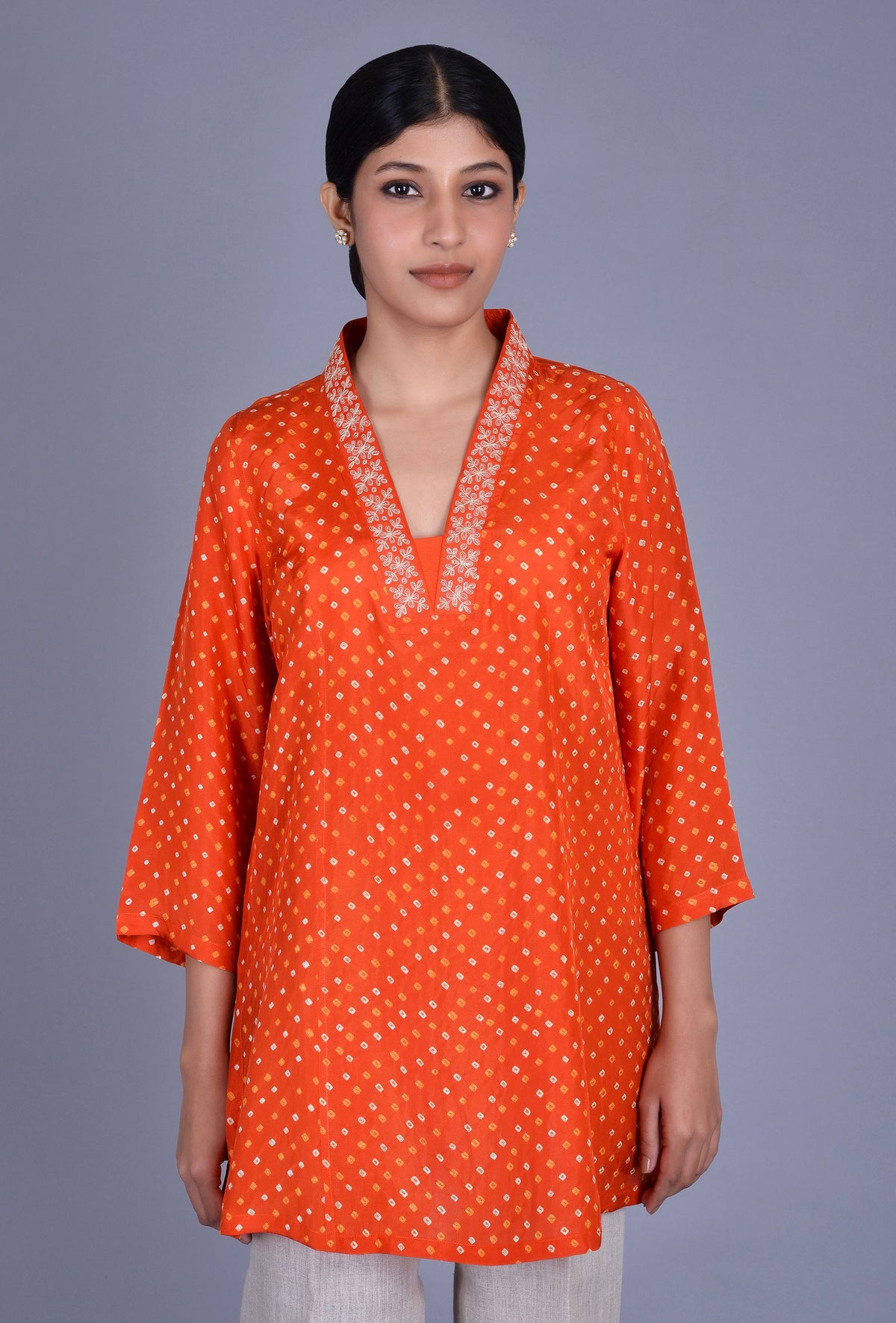 V Neck Silk Bandhani Kurti