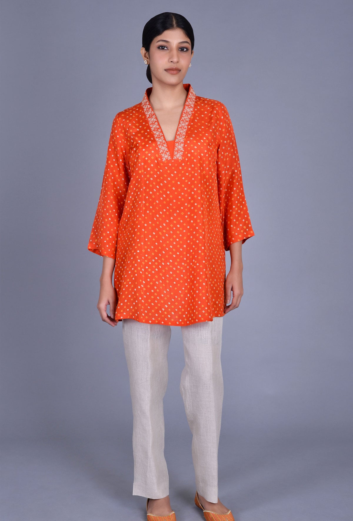 V Neck Silk Bandhani Kurti