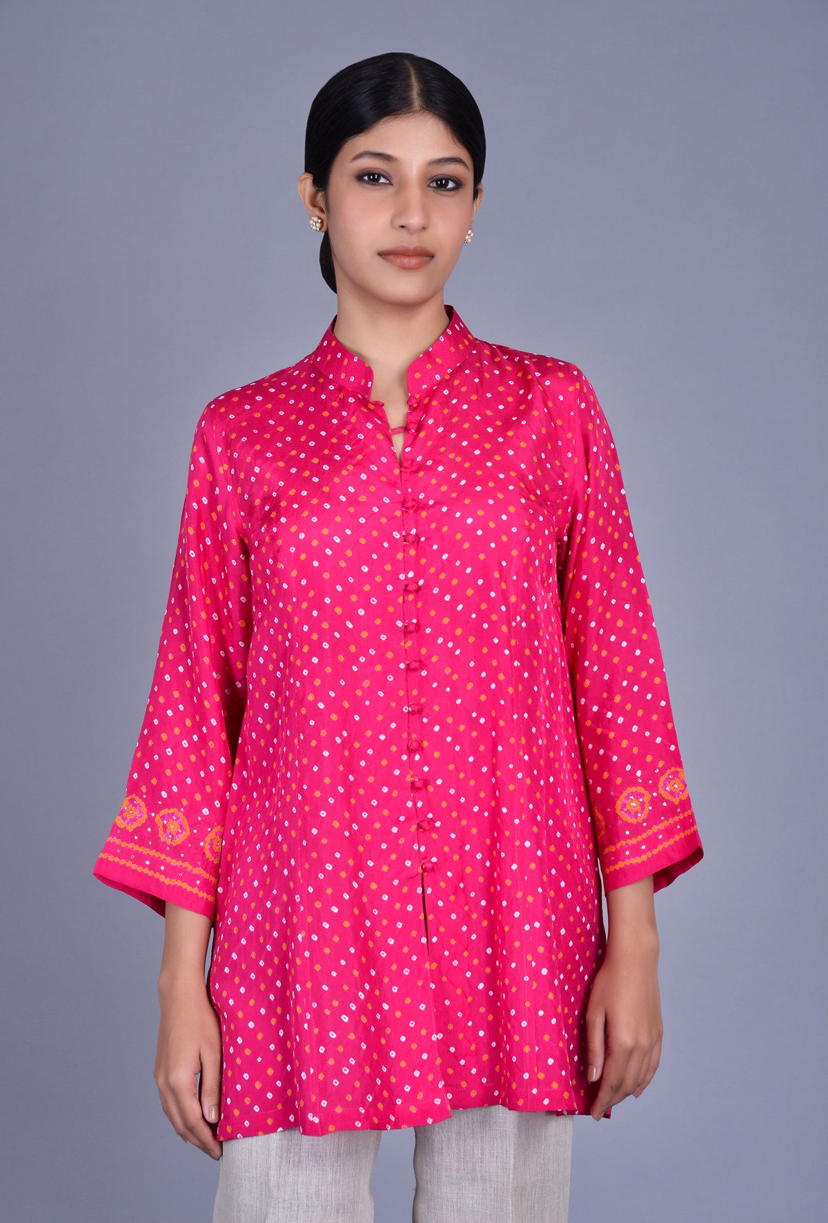 Stand Collar Silk Bandhani Kurti