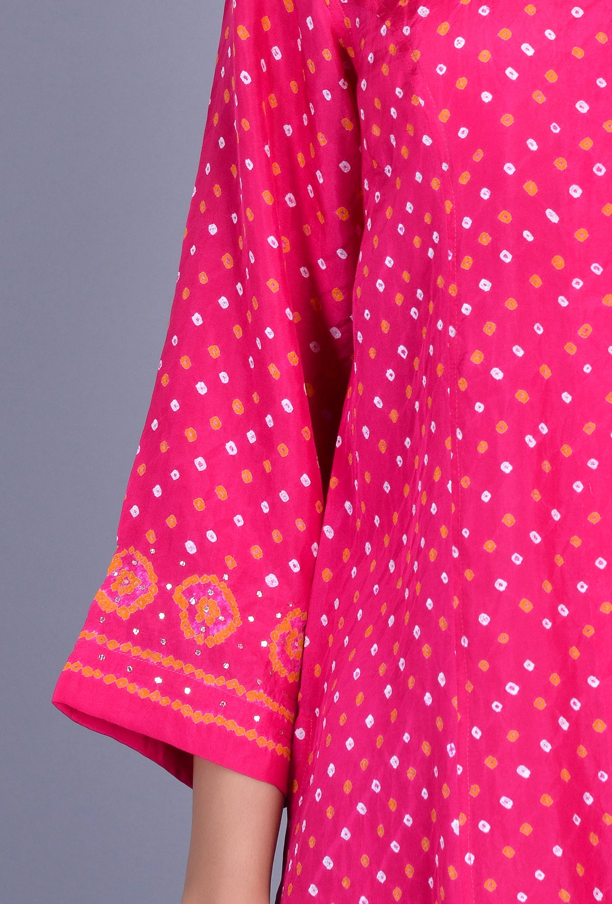 Stand Collar Silk Bandhani Kurti